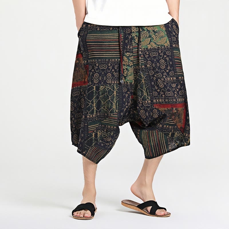 Buddha Stones Ethnic Pattern Drawstring 7-8 Length Cotton Men's Harem Pants With Pockets - image 7