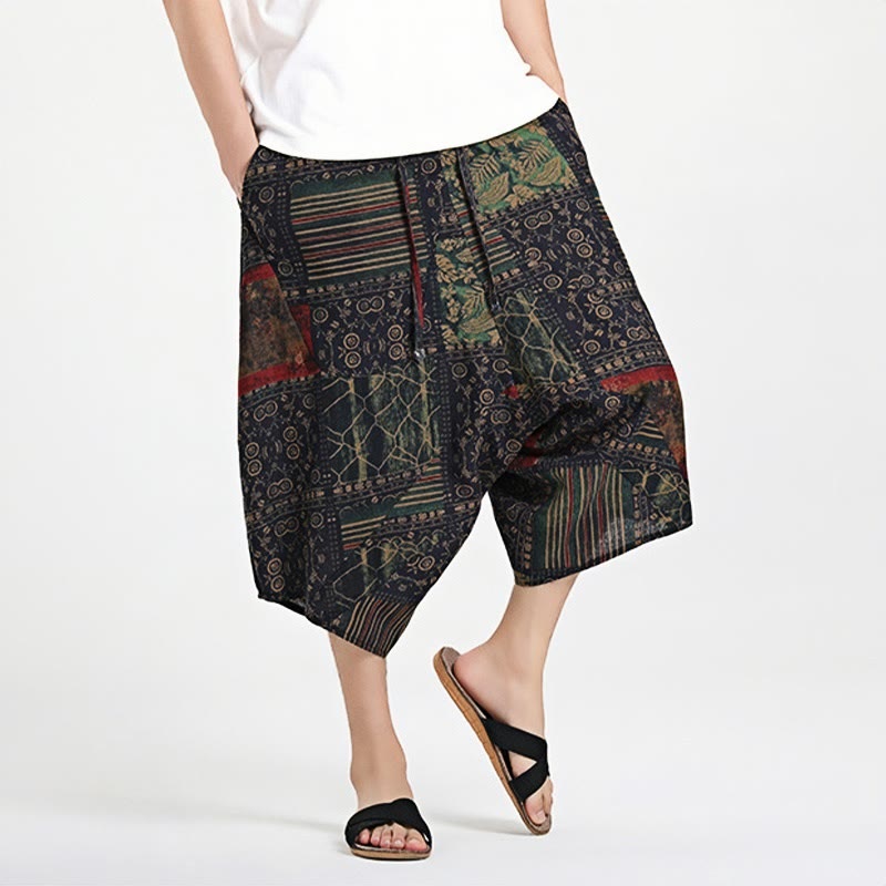 Buddha Stones Ethnic Pattern Drawstring 7-8 Length Cotton Men's Harem Pants With Pockets - image 3