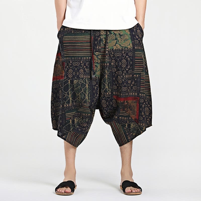Buddha Stones Ethnic Pattern Drawstring 7-8 Length Cotton Men's Harem Pants With Pockets - image 1