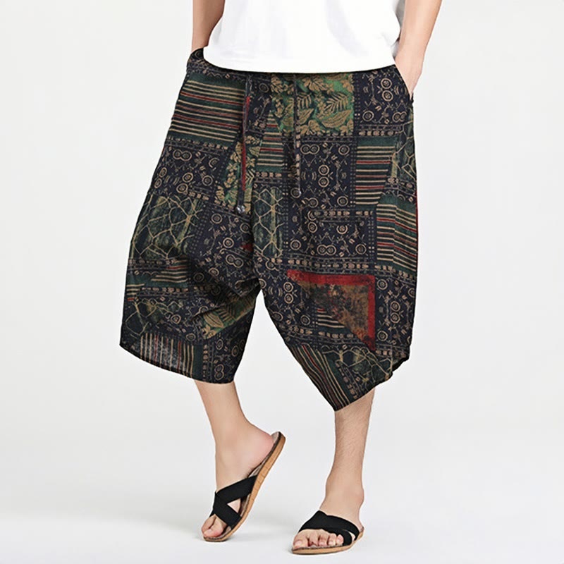 Buddha Stones Ethnic Pattern Drawstring 7-8 Length Cotton Men's Harem Pants With Pockets - Black - US/UK/AU46，EU56 (5XL) - image 0