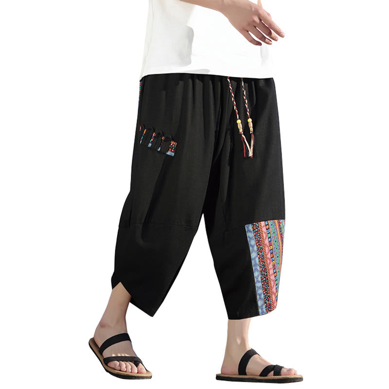 Buddha Stones Bohemian Patchwork Pattern Cotton Drawstring Men's Wide Leg Pants With Pockets - image 13