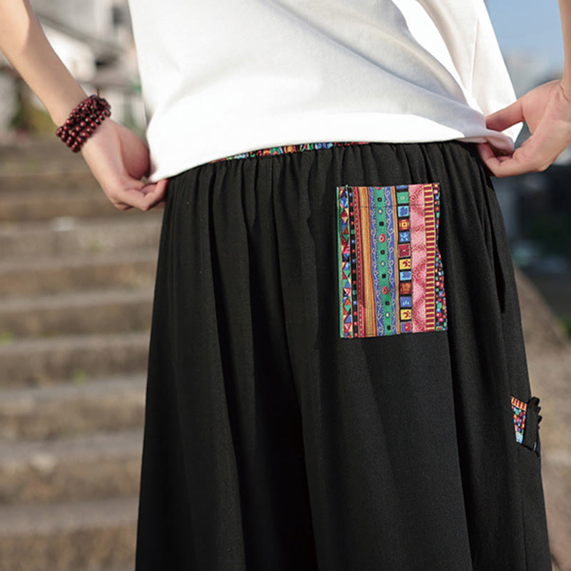 Buddha Stones Bohemian Patchwork Pattern Cotton Drawstring Men's Wide Leg Pants With Pockets - image 11