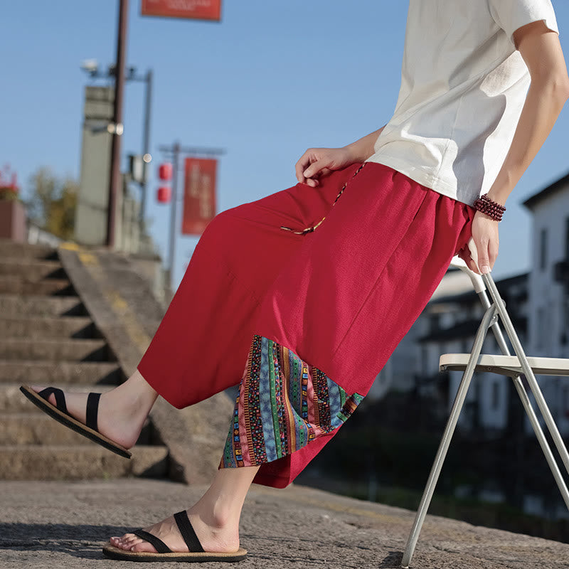 Buddha Stones Bohemian Patchwork Pattern Cotton Drawstring Men's Wide Leg Pants With Pockets - image 21
