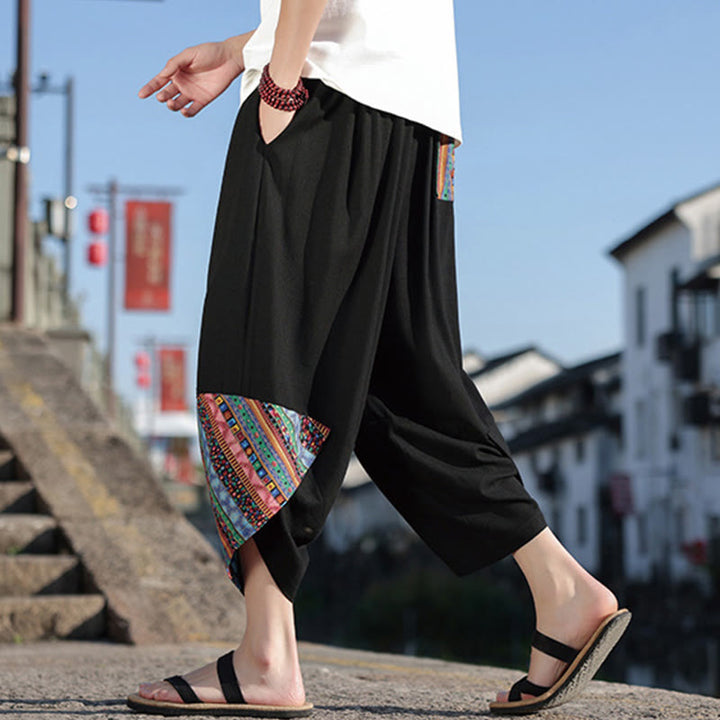 Buddha Stones Bohemian Patchwork Pattern Cotton Drawstring Men's Wide Leg Pants With Pockets - image 5