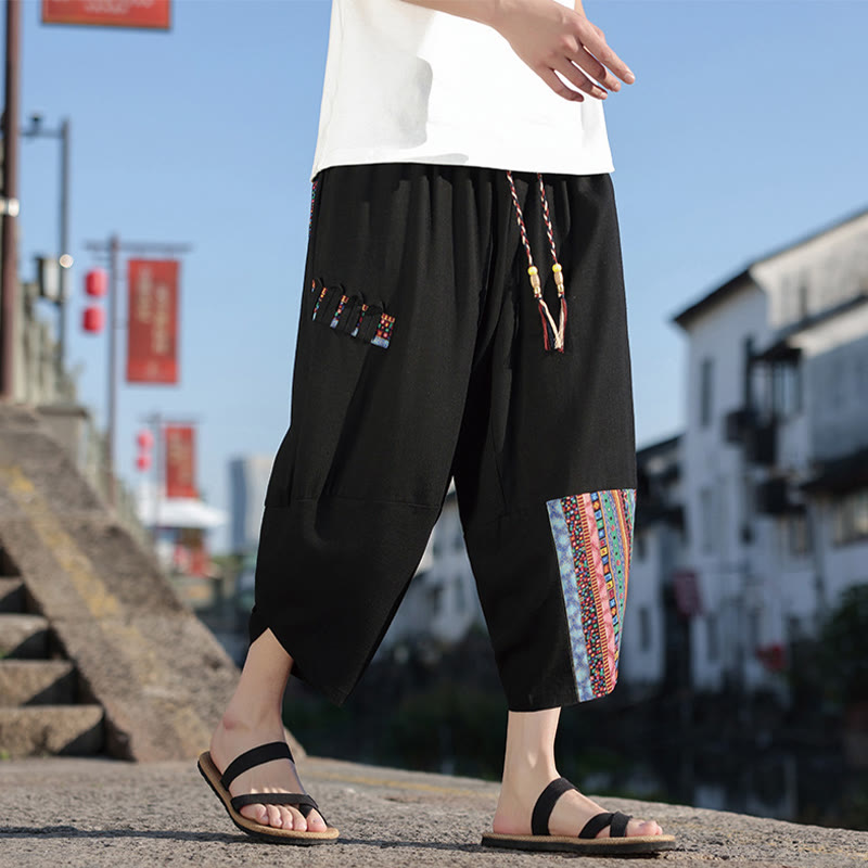 Buddha Stones Bohemian Patchwork Pattern Cotton Drawstring Men's Wide Leg Pants With Pockets - image 7