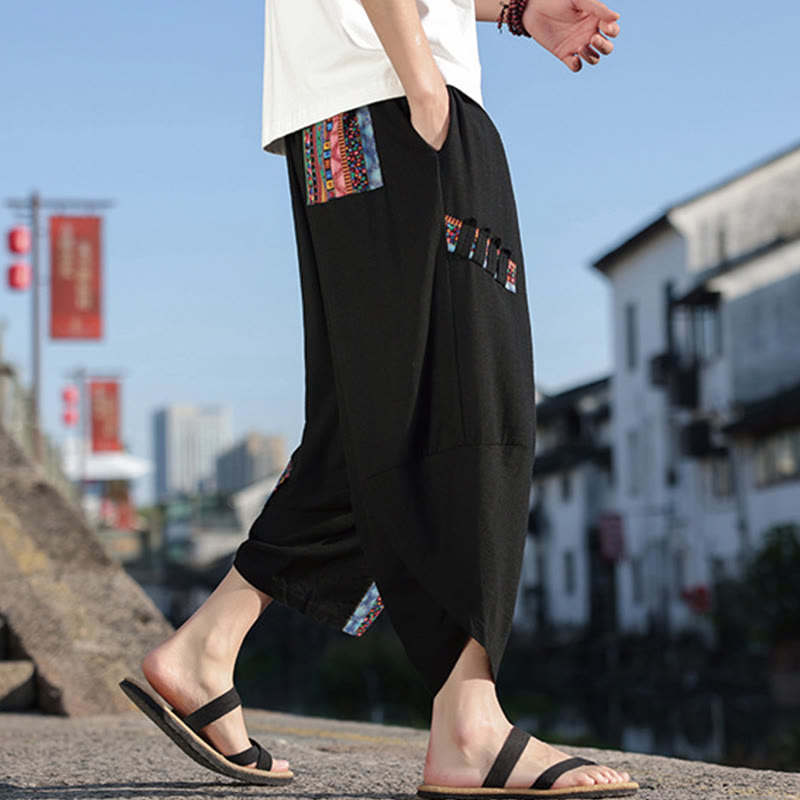 Buddha Stones Bohemian Patchwork Pattern Cotton Drawstring Men's Wide Leg Pants With Pockets - Black - US/UK/AU46，EU56 (5XL) - image 0