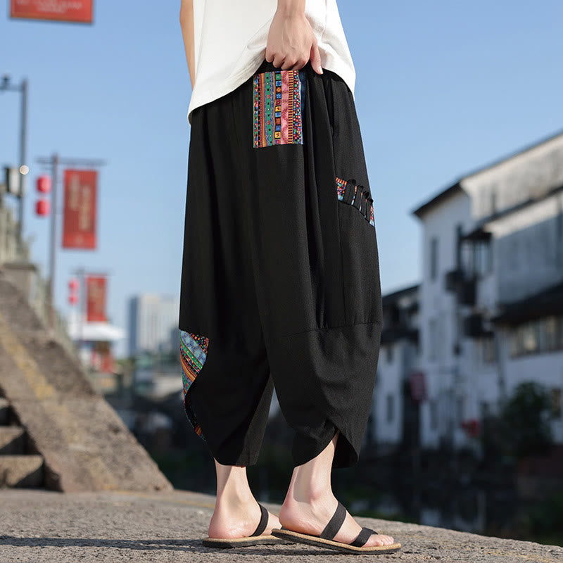 Buddha Stones Bohemian Patchwork Pattern Cotton Drawstring Men's Wide Leg Pants With Pockets - image 6