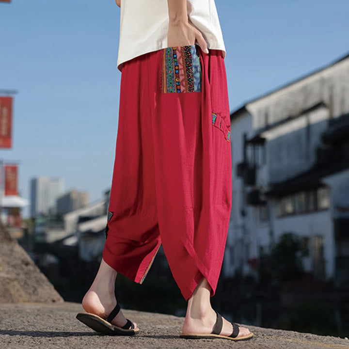 Buddha Stones Bohemian Patchwork Pattern Cotton Drawstring Men's Wide Leg Pants With Pockets - image 19