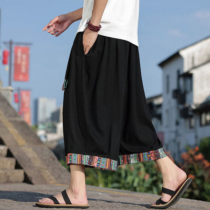 Buddha Stones Summer Ethnic 7-8 Length Cropped Cotton Men's Wide Leg Pants With Pockets - image 3