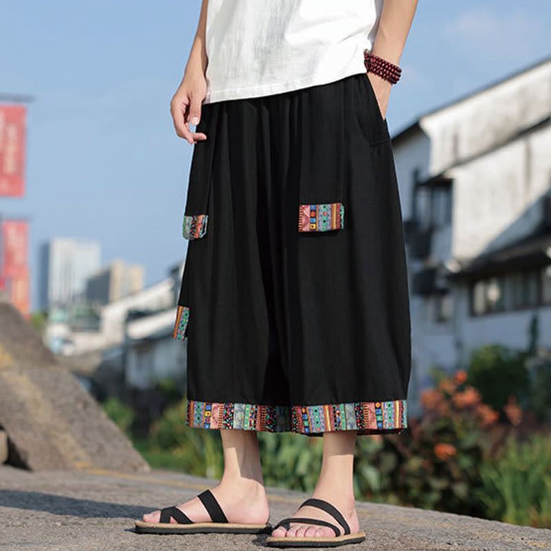 Buddha Stones Summer Ethnic 7-8 Length Cropped Cotton Men's Wide Leg Pants With Pockets - image 1