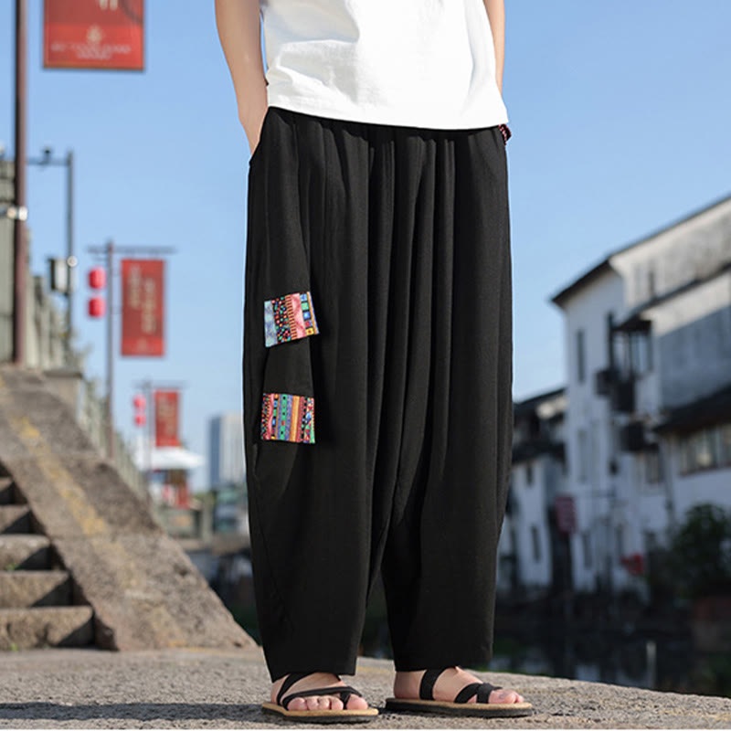 Buddha Stones Simple Patchwork Design Drawstring Soft Cotton Men's Wide Leg Pants With Pockets - image 14