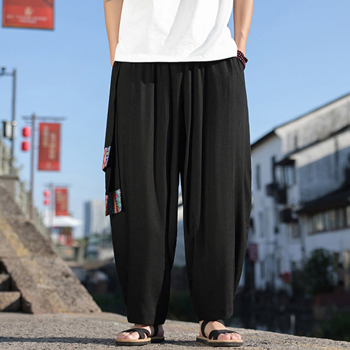 Buddha Stones Simple Patchwork Design Drawstring Soft Cotton Men's Wide Leg Pants With Pockets - image 18