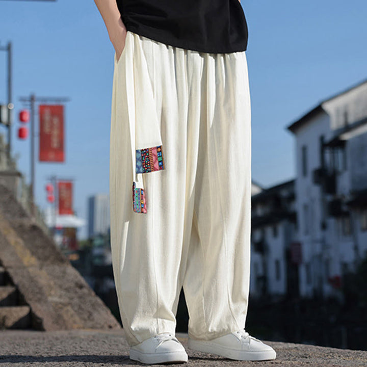Buddha Stones Simple Patchwork Design Drawstring Soft Cotton Men's Wide Leg Pants With Pockets - image 10