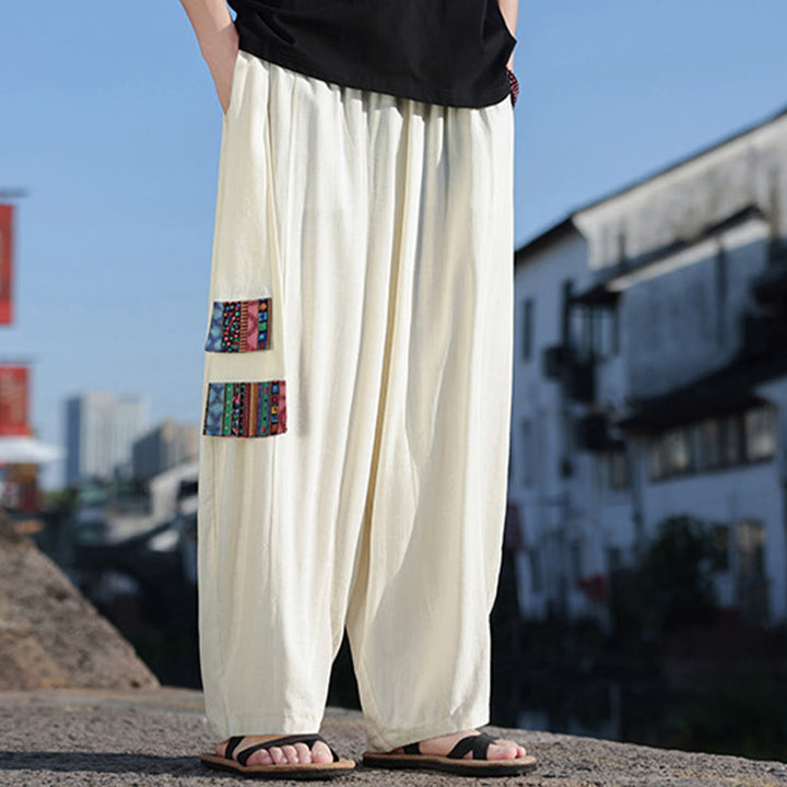 Buddha Stones Simple Patchwork Design Drawstring Soft Cotton Men's Wide Leg Pants With Pockets - image 4