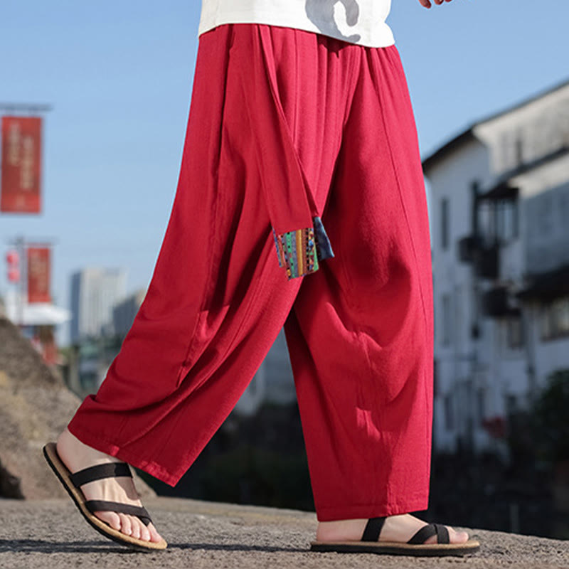 Buddha Stones Simple Patchwork Design Drawstring Soft Cotton Men's Wide Leg Pants With Pockets - image 32
