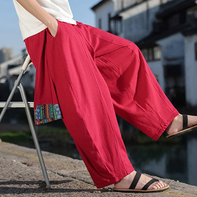 Buddha Stones Simple Patchwork Design Drawstring Soft Cotton Men's Wide Leg Pants With Pockets - image 33