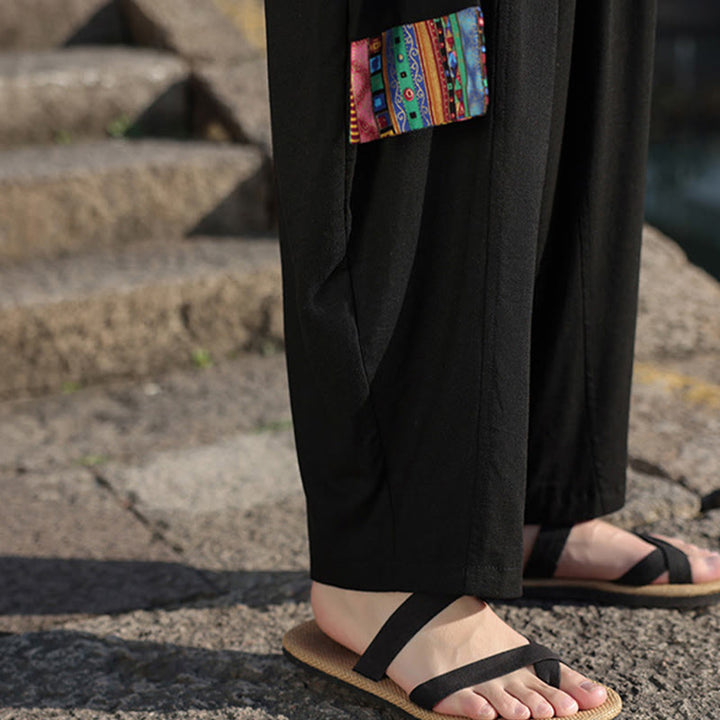 Buddha Stones Simple Patchwork Design Drawstring Soft Cotton Men's Wide Leg Pants With Pockets - image 25