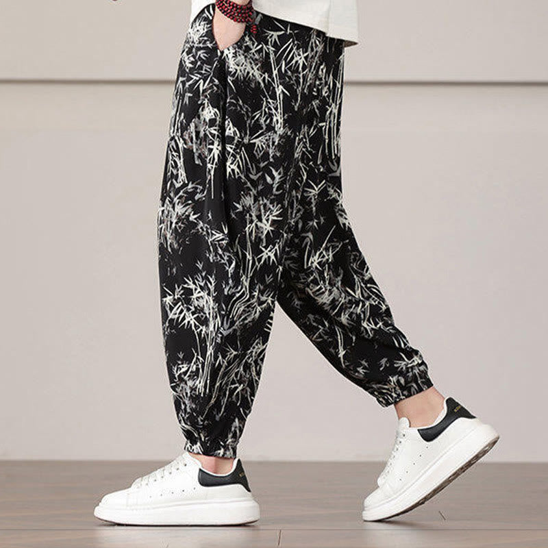 Buddha Stones Bamboo Leaf Pattern Drawstring Men's Harem Pants With Pockets - image 14