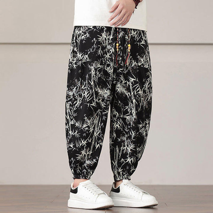 Buddha Stones Bamboo Leaf Pattern Drawstring Men's Harem Pants With Pockets - image 18