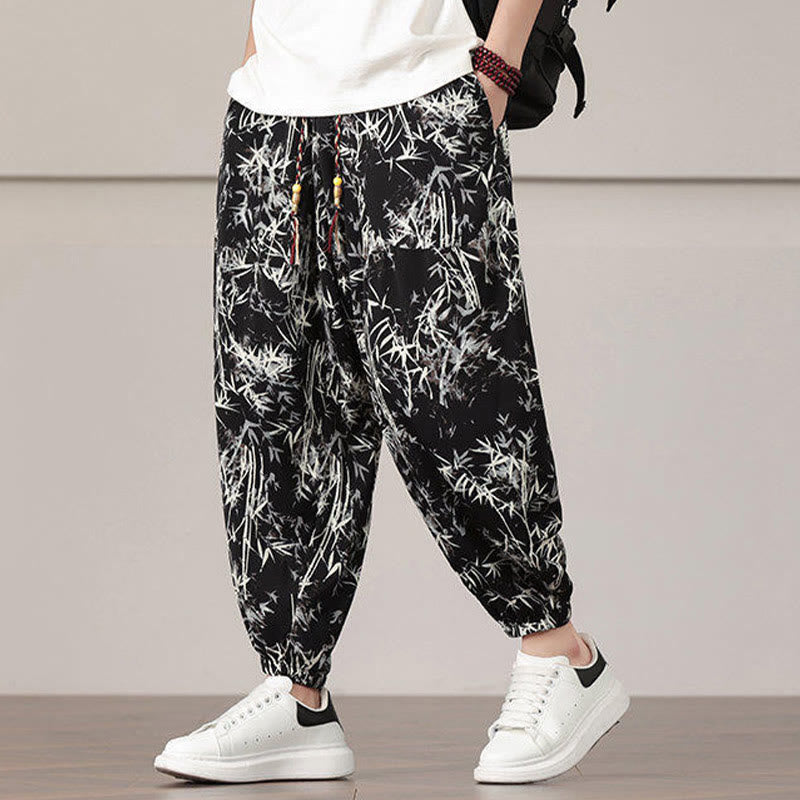 Buddha Stones Bamboo Leaf Pattern Drawstring Men's Harem Pants With Pockets - image 15