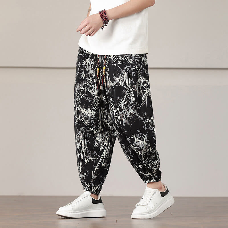 Buddha Stones Bamboo Leaf Pattern Drawstring Men's Harem Pants With Pockets - Black - US/UK/AU46，EU56 (5XL) - image 10