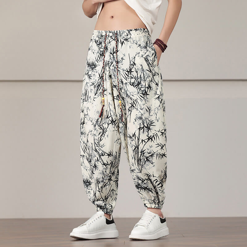 Buddha Stones Bamboo Leaf Pattern Drawstring Men's Harem Pants With Pockets - image 8