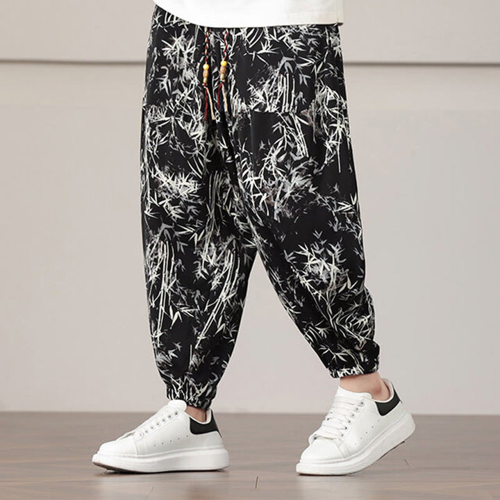 Buddha Stones Bamboo Leaf Pattern Drawstring Men's Harem Pants With Pockets - image 17