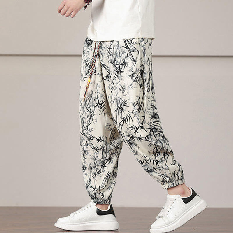 Buddha Stones Bamboo Leaf Pattern Drawstring Men's Harem Pants With Pockets - image 3