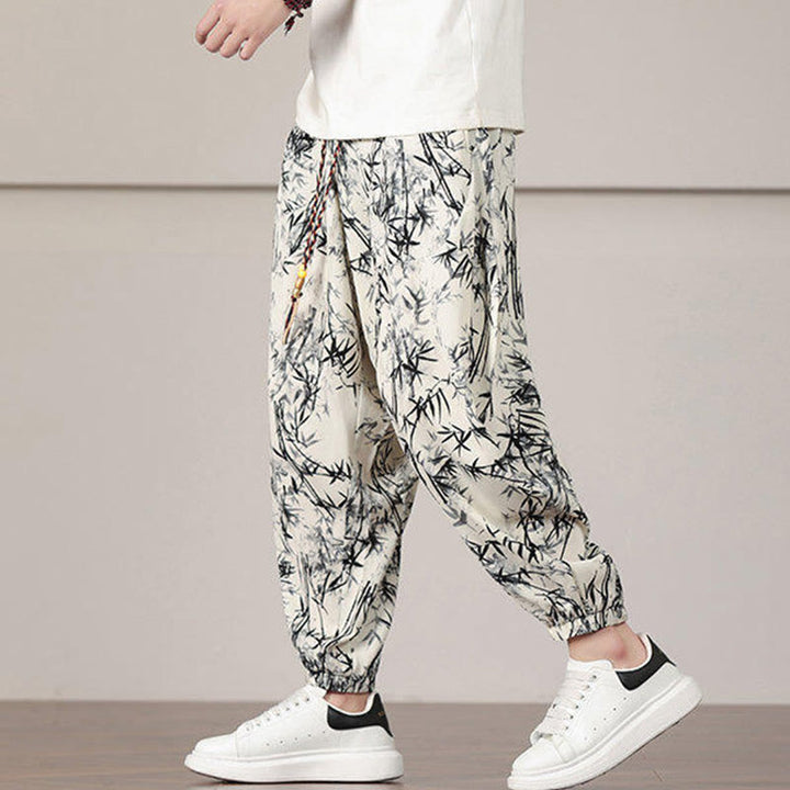 Buddha Stones Bamboo Leaf Pattern Drawstring Men's Harem Pants With Pockets - image 3