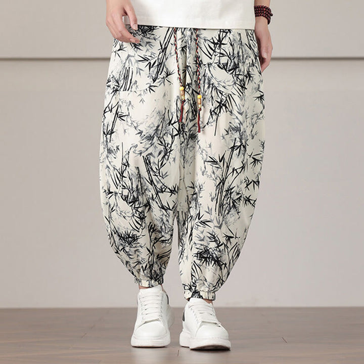 Buddha Stones Bamboo Leaf Pattern Drawstring Men's Harem Pants With Pockets - Beige - US/UK/AU46，EU56 (5XL) - image 0