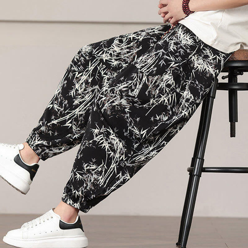 Buddha Stones Bamboo Leaf Pattern Drawstring Men's Harem Pants With Pockets - image 19