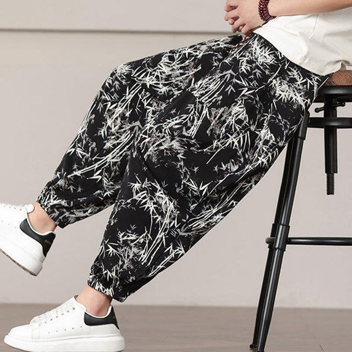 Buddha Stones Bamboo Leaf Pattern Drawstring Men's Harem Pants With Pockets - image 19