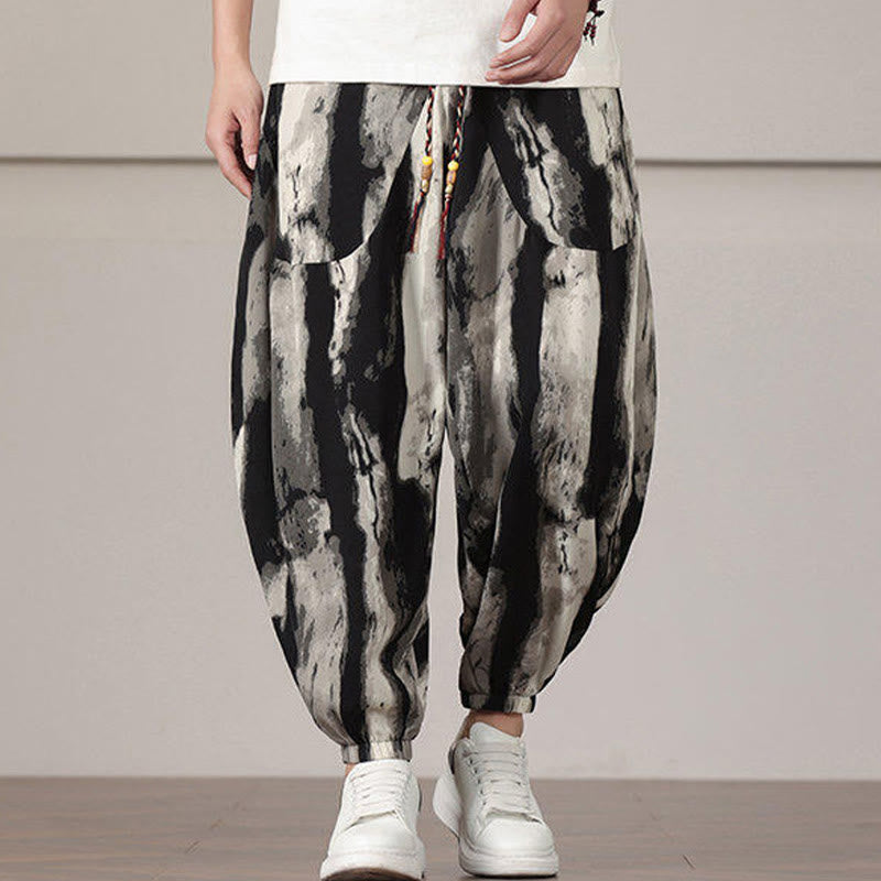 Buddha Stones Stripe Pattern Drawstring Men's Harem Pants With Pockets - Black - US/UK/AU46，EU56 (5XL) - image 0