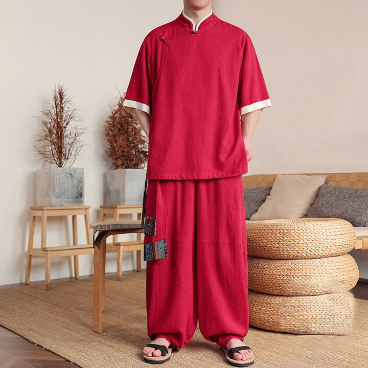 Buddha Stones 2Pcs Chinese Frog-button Men's Shirt Wide Leg Pants Meditation Cloth Set - Crimson - US/UK/AU46，EU56 (5XL) - image 6