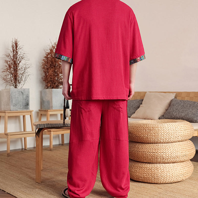 Buddha Stones 2Pcs Patchwork Chinese Frog-Button Shirt Wide Leg Pants Men's Meditation Cloth Set With Pockets - image 21