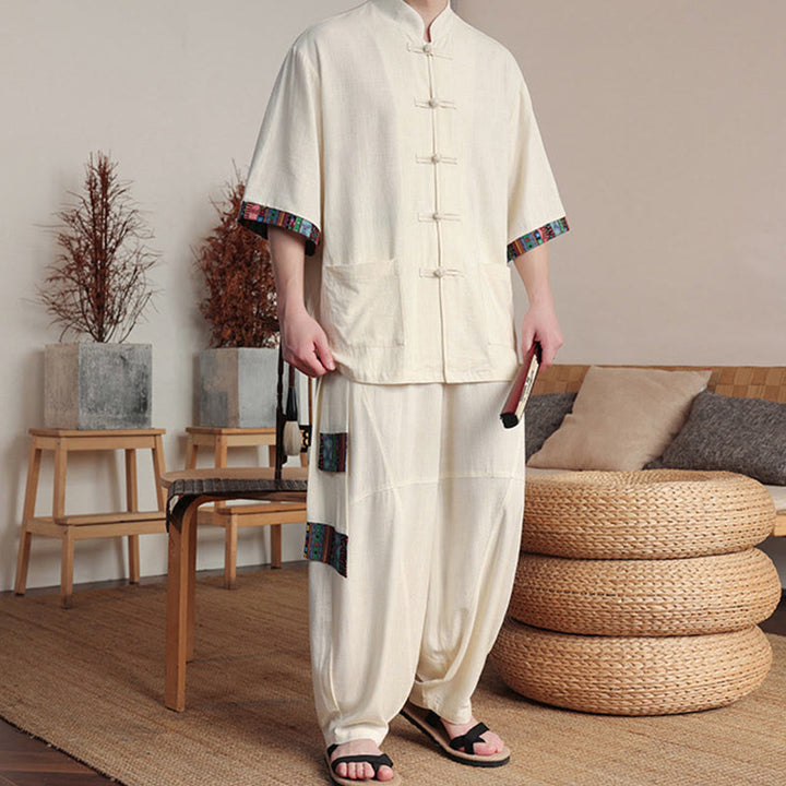 Buddha Stones 2Pcs Patchwork Chinese Frog-Button Shirt Wide Leg Pants Men's Meditation Cloth Set With Pockets - image 4