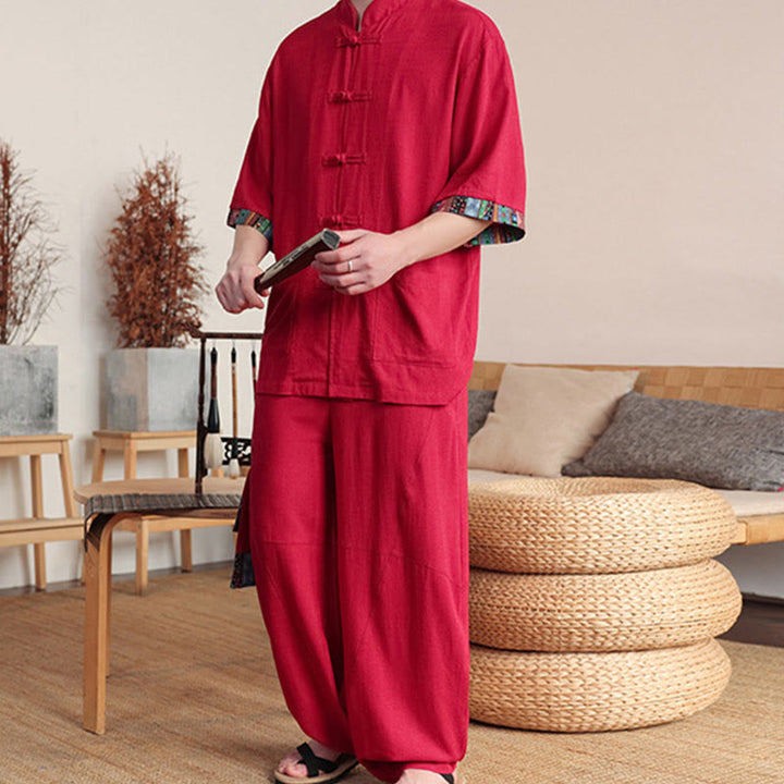Buddha Stones 2Pcs Patchwork Chinese Frog-Button Shirt Wide Leg Pants Men's Meditation Cloth Set With Pockets - image 23