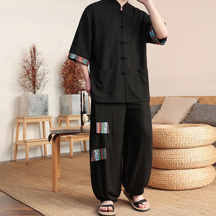Buddha Stones 2Pcs Patchwork Chinese Frog-Button Shirt Wide Leg Pants Men's Meditation Cloth Set With Pockets - image 11