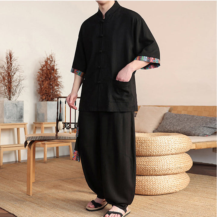 Buddha Stones 2Pcs Patchwork Chinese Frog-Button Shirt Wide Leg Pants Men's Meditation Cloth Set With Pockets - image 10