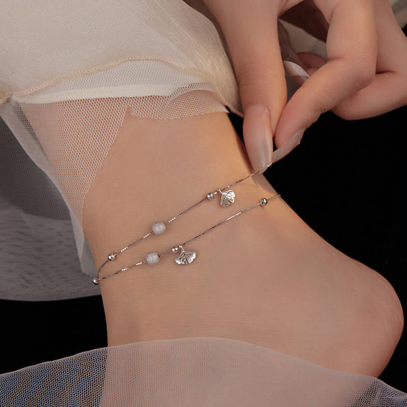 Buddha Stones 925 Sterling Silver Ginkgo Leaf Double Layer Protection Anklet - image 5