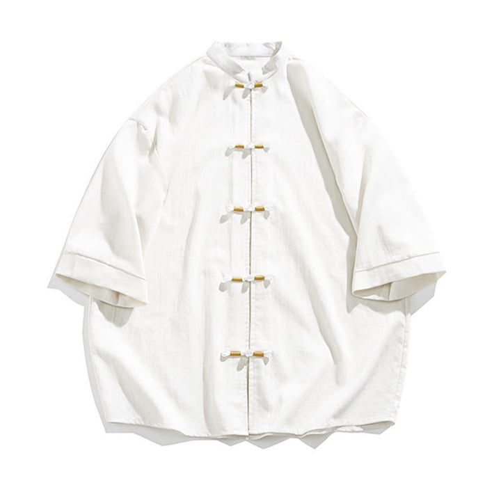 Buddha Stones Pure Color Frog-Button Half Sleeve Linen Men's Shirt - image 7