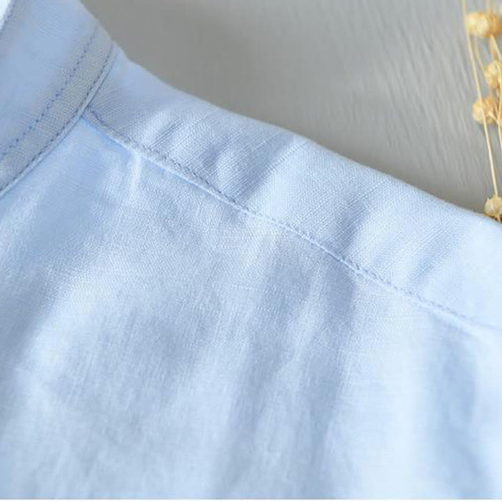 Buddha Stones Simple Style Short Sleeve Button Cotton Linen Men's Shirt - image 11