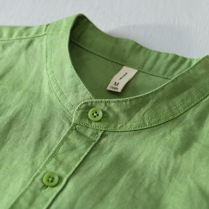 Buddha Stones Simple Style Short Sleeve Button Cotton Linen Men's Shirt - image 3