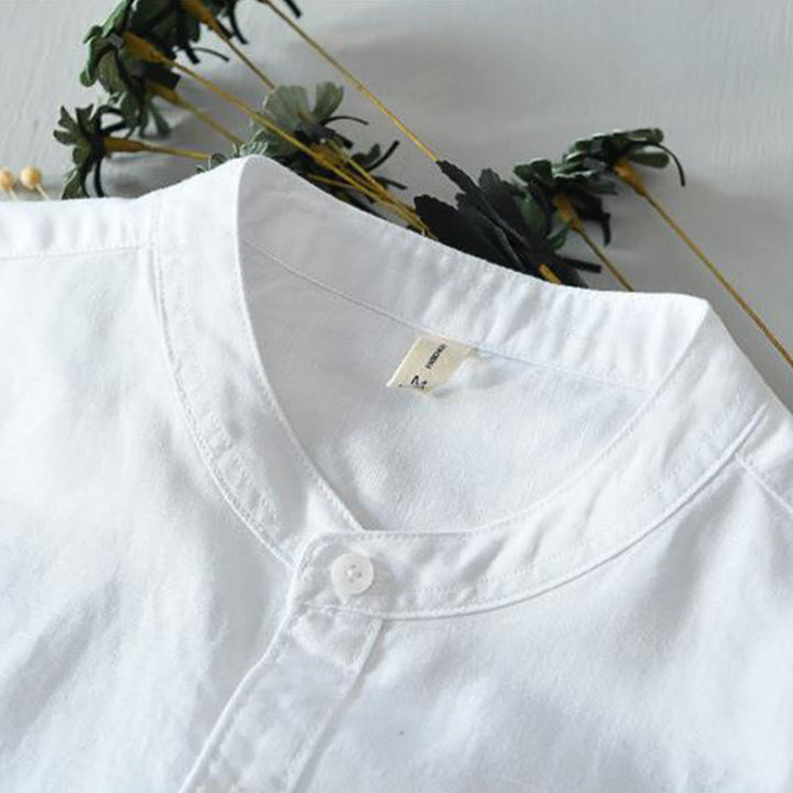 Buddha Stones Simple Style Short Sleeve Button Cotton Linen Men's Shirt - image 8