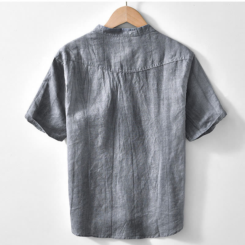 Buddha Stones Half Button Short Sleeve V-neck Ramie Cotton Men's Shirt - image 1