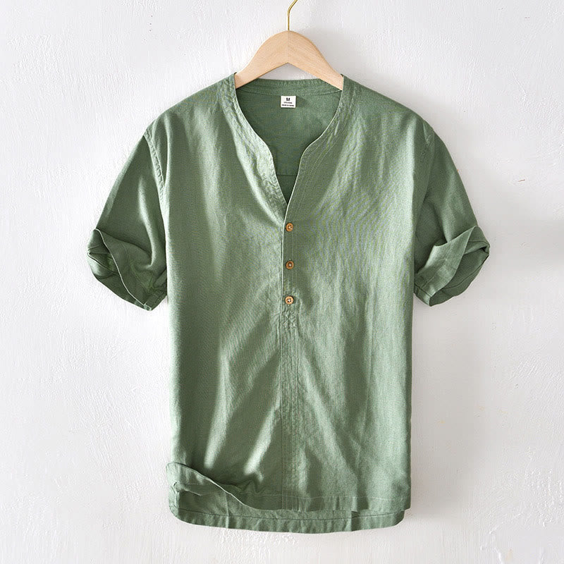 Buddha Stones Summer Stand Collar Short Sleeve Cotton Linen Half Button Men's Shirt - SeaGreen - US/UK/AU42，EU52 (3XL) - image 0