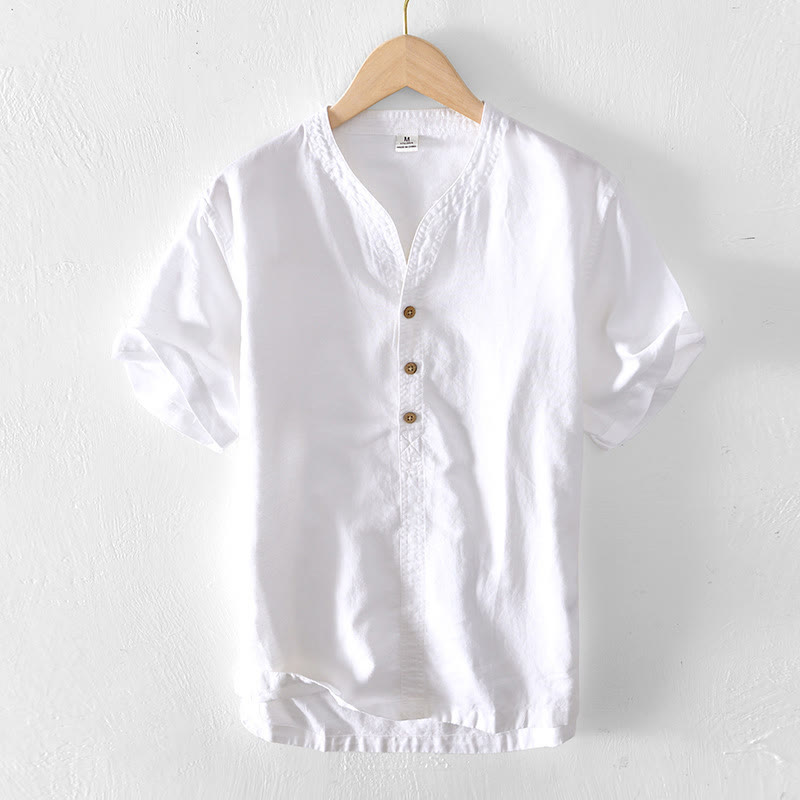 Buddha Stones Summer Stand Collar Short Sleeve Cotton Linen Half Button Men's Shirt - White - US/UK/AU42，EU52 (3XL) - image 6