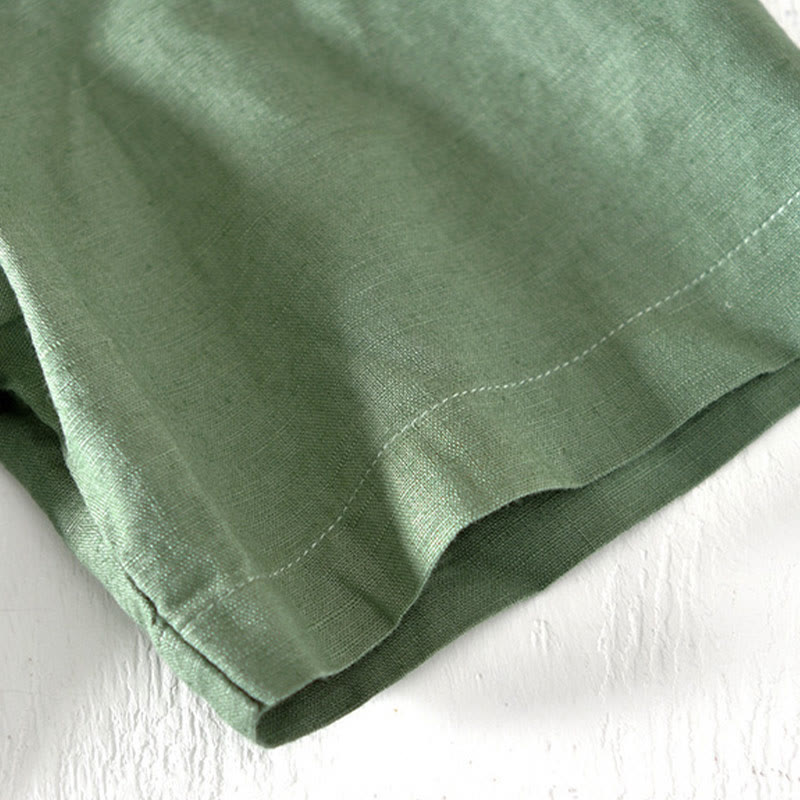 Buddha Stones Summer Stand Collar Short Sleeve Cotton Linen Half Button Men's Shirt - image 4