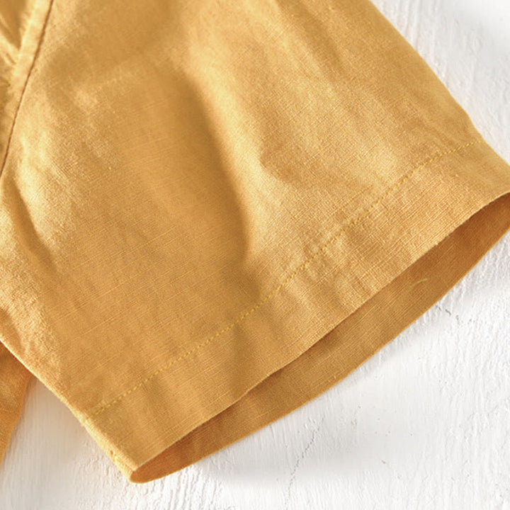 Buddha Stones Summer Stand Collar Short Sleeve Cotton Linen Half Button Men's Shirt - image 17