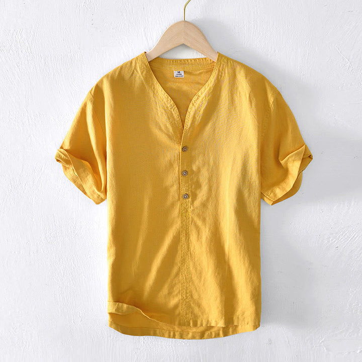 Buddha Stones Summer Stand Collar Short Sleeve Cotton Linen Half Button Men's Shirt - Gold - US/UK/AU42，EU52 (3XL) - image 13